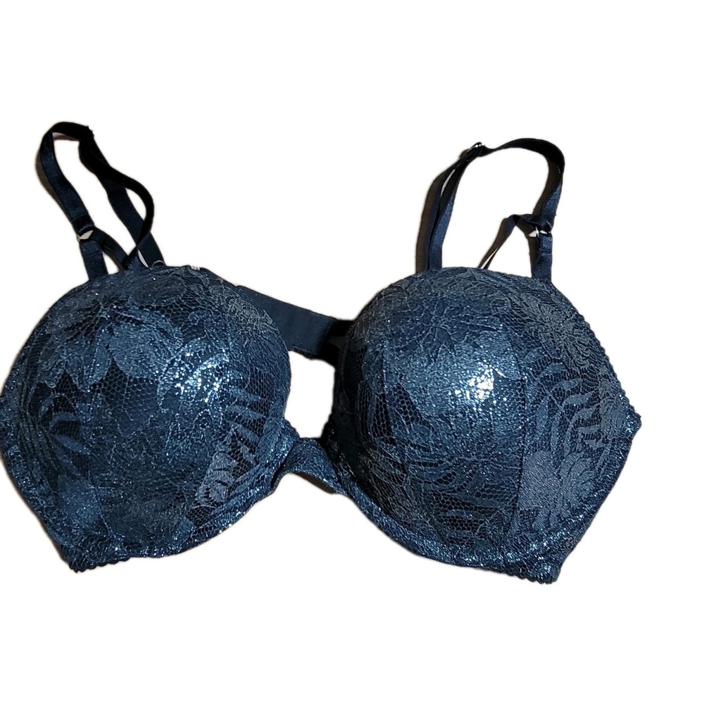 Victoria's Secret 38C Bombshell Bra Plunge Black Grey Chantilly Lace Overlay